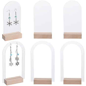 1 Set Transparent Acrylic Single Pair Earring Display Stands Set, Arch Shaped Earring Display Organizer Holder with Wood Base, for Earring Storage, Clear, 6~7.95x2.5x12.6~14.65cm