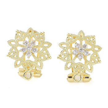 Hollow Flower Brass Micro Pave Cubic Zirconia Stud Earrings Finding, with Horizontal Loops, Cadmium Free & Lead Free, Real 18K Gold Plated, 18x15mm, Hole: 1.2mm, Pin: 0.8mm
