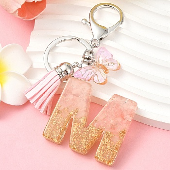 Resin & Acrylic & Faux Suede Tassel Keychain, with Alloy Clasp and Iron Rings, Letter M, 9.5cm