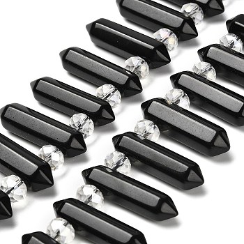 Natural Obsidian Double Terminated Point Beads Strands, with Glass Beads, Faceted Bullet, Top Drilled, 31~33x7~9x7~9mm, Hole: 1mm, about 26~27pcs/strand, 15.16~15.75''(38.5~40cm)