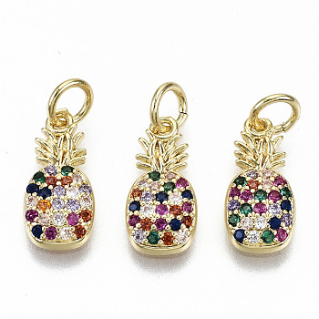 Brass Micro Pave Colorful Cubic Zirconia Charms, with Jump Rings, Nickel Free, Pineapple, Real 16K Gold Plated, 13.5x6.5x2mm, Jump Ring: 5x0.8mm, 3.4mm inner diameter