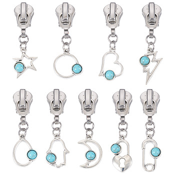 18Pcs 9 Styles Alloy Resin Replacement Zipper Sliders, for Luggage Suitcase Backpack Jacket Bags Coat, Platinum, 45~49mm, 2pcs/style