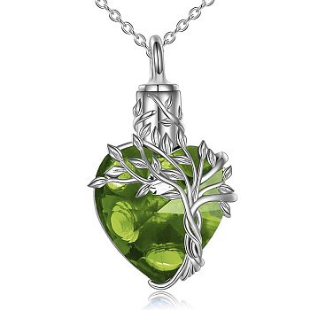 Heart with Tree of Life Glass Urn Pendant Necklaces, Stainless Steel Chain Necklaces, Green, 21.65 inch(55cm)