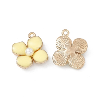 Alloy Enamel Charms, with Plastic Imitation Pearl, Golden, Flower Charm, Light Yellow, 19x17.5x4.5mm, Hole: 1.4mm