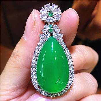 Dyed Natural Green Chalcedony Pendants, Brass Clear Cubic Zirconia Teardrop Charms, Platinum, 46.5x20.5x12mm, Hole: 5x2mm