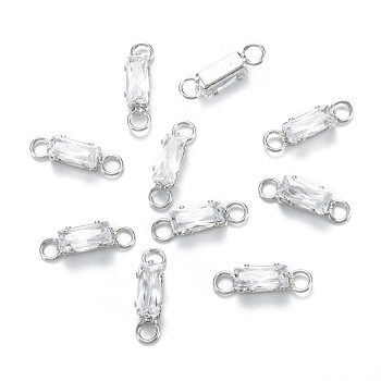 Brass Clear Cubic Zirconia Links Connectors, Long-Lasting Plated, Rectangle, Real Platinum Plated, 13x3.5x3mm, Hole: 2mm