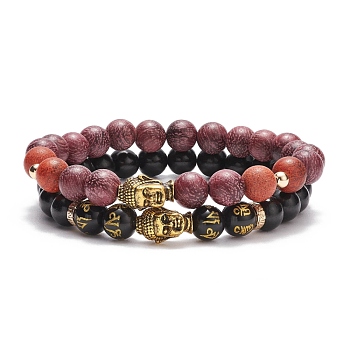 2Pcs 2 Style Mala Bead Bracelets Set, Word Om Mani Padme Hum Natural Sandalwood & Obsidian Stretch Bracelets with Alloy Buddha Head for Women, Inner Diameter: 2-1/4 inch(5.7cm), 1Pc/style