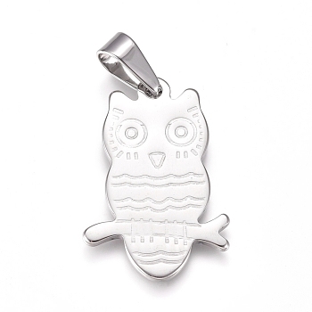 304 Stainless Steel Pendants, Owl, Stainless Steel Color, 32.5x21.5x1.5mm, Hole: 10x4mm