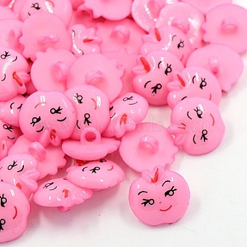 Acrylic Shank Buttons, 1-Hole, Dyed, Apple with Smile Face, Pink, 18x17x4mm, Hole: 3mm(BUTT-E014-B-08)