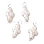 Natural Keshi Pearl Pendants, Cross Charms, with Silver Color Plated Brass Loops, Seashell Color, 19x7.5x3.5mm, Hole: 2.5mm(PALLOY-JF02900-01)