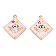 Printed Rack Plating Alloy Enamel Pendants, Golden, Rhombus with Evil Eye Charm, Palm, 28x25x3.5mm, Hole: 1.5mm(ENAM-T020-05C)