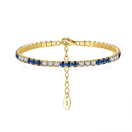 Real 14K Gold Plated 925 Sterling Silver Link Chain Bracelet, Cubic Zirconia Tennis Bracelets, with S925 Stamp, Dark Blue, 6-5/8 inch(16.8cm)(BJEW-P311-01G-06)