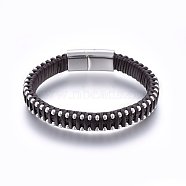 Leather Braided Cord Bracelets, 304 Stainless Steel Magnetic Clasp, Rectangle, Coffee, 8-5/8 inches(22cm); 11x6mm(BJEW-E345-11C)