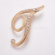 Alloy Brooches, with Rhinestone, Letter, Letter.T, Golden, 44x37x3mm, Pin: 1mm(JEWB-WH0005-01T-G)