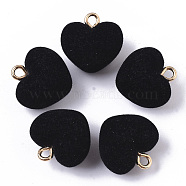 Flocky Acrylic Pendants, with Brass Loops, Heart, Golden, Black, 18.5x18x13mm, Hole: 2.5mm(FIND-T046-28-14)