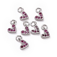 Brass Micro Pave Cubic Zirconia Charms, Long-Lasting Plated, Lead Free & Nickel Free & Cadmium Free, Heart, Hot Pink, Real Platinum Plated, 9.5x6.5x2mm, Hole: 1mm.(RB-I078-66P-01-NR)