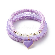 3Pcs 3 Style Natural Dyed Malaysia Jade & Acrylic Word Love Beaded Stretch Bracelets Set with Alloy Enamel Heart Charms, Polymer Clay Heishi Surfer Preppy Bracelets for Women, Inner Diameter: 2-1/8~2-1/4 inch(5.3~5.7cm), 1Pc/style(BJEW-JB08924-04)