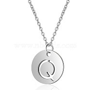 201 Stainless Steel Initial Pendants Necklaces, with Cable Chains, Flat Round with Letter, Stainless Steel Color, Letter.Q, 16.3 inch(40cm), 1mm(NJEW-S069-TN507-Q)