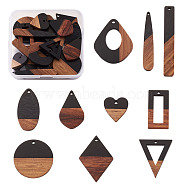 Resin & Walnut Wood Pendants, Mixed Shapes, Black, 27.5x24x3.5mm, Hole: 1.8mm, 20pcs/box(RESI-TA0001-12)