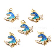 Rack Plating Brass Micro Pave Cubic Zirconia Pendants, Cadmium Free & Lead Free & Nickle Free, with Enamel and Glitter, Real 18K Gold Plated, Unicon, Royal Blue, 22x21x3mm, Jump Ring: 5x0.6mm, Inner Diameter: 3.5mm(KK-M230-22G)