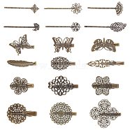 AHADERMAKER 18Pcs 18 Style Iron Flat Alligator Hair Clip Findings, with Brass Tray, Butterfly & Leaf & Flower & Square, Antique Bronze, 17~63x12~62x5~11mm, 1pc/style(FIND-GA0001-78)