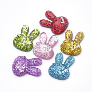 Bunny Resin Cabochons, with Glitter Powder, Rabbit Head with Heart & Word Love, Mixed Color, 21.5x16.5x6mm(CRES-S304-01)
