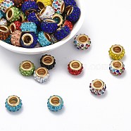Polymer Clay Rhinestone European Beads, with Golden Tone Brass Double Cores, Large Hole Beads, Rondelle, Mixed Color, 11x7mm, Hole: 4.5mm(RB-R057-01)