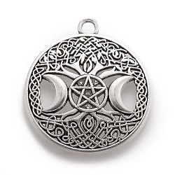 Tibetan Style Hollow Alloy Pendants, Lead Free & Cadmium Free, Flat Round withTriple Moon Goddess, Pagan Jewelry, Antique Silver, 39x34x1.5mm, Hole: 3mm(X-TIBEP-F075-01AS-RS)