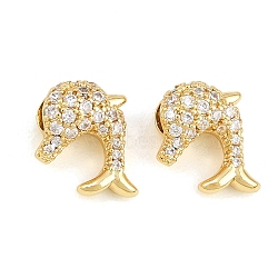 Brass Micro Pave Clear Cubic Zirconia Beads, Dolphin, Rack Plating, Long-Lasting Plated, Lead Free & Cadmium Free, Real 18K Gold Plated, 11x10.5x5.5mm, Hole: 3x2mm(KK-CBA0C67-01G)