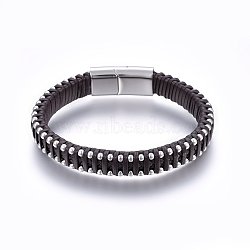Leather Braided Cord Bracelets, 304 Stainless Steel Magnetic Clasp, Rectangle, Coffee, 8-5/8 inch(22cm), 11x6mm(BJEW-E345-11C)