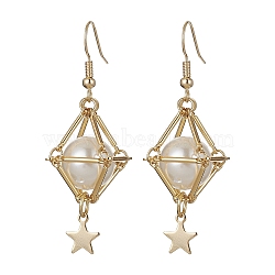 Shell Pearl Dangle Earrings, Real 18K Gold Plated Brass Long Drop Earrings, Star, 52x19mm(EJEW-JE05498-01)