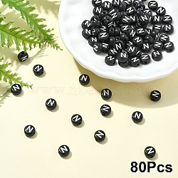 Opaque Acrylic Horizontal Hole Beads, with Enamel, Flat Round, Letter N, 7x4mm, Hole: 1.5mm(SACR-YW0001-70N)