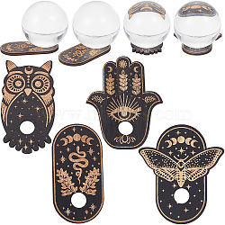 4Pcs 4 Style Moth/Hamsa Hand/Owl Wooden Crystal Sphere Display Stands, Crystal Ball Base Holder, Black, 100x50~88x4.5mm, Inner Diameter: 13~15mm, 1pc/style(DJEW-CN0001-27)