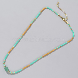 Summer Beach Style Natural Green Aventurine & Colorful Seed Beads Beaded Necklace for Women, Aquamarine, 16-1/2 inch(42cm)(KD2923-2)