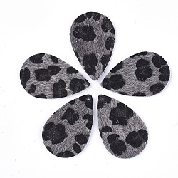 PU Leather Big Pendants, with Faux Horsehair Fur, teardrop, with Leopard Print Pattern, Gray, 57.5x37x2mm, Hole: 1.8mm(FIND-S300-47B)