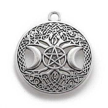 Tibetan Style Hollow Alloy Pendants, Lead Free & Cadmium Free, Flat Round withTriple Moon Goddess, Pagan Jewelry, Antique Silver, 39x34x1.5mm, Hole: 3mm