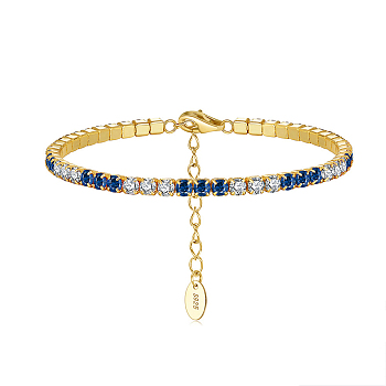 Real 14K Gold Plated 925 Sterling Silver Link Chain Bracelet, Cubic Zirconia Tennis Bracelets, with S925 Stamp, Dark Blue, 6-5/8 inch(16.8cm)