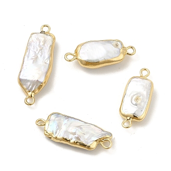 Baroque Natural Keshi Pearl Connector Charms, Rectangle Links, with Brass Double Loops, Light Gold, 23~31x9~11x4~6mm, Hole: 1.6mm