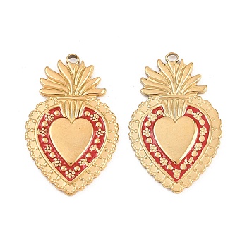 304 Stainless Steel Enamel Pendants, Inlay Flaming Heart Charm, Real 18K Gold Plated, Ion Plating(IP), Long-Lasting Plated, Red, 30x19x1.8mm, Hole: 1.8mm