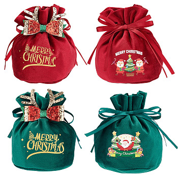 4Pcs 4 Styles Christmas Velvet Candy Apple Bags, Word Merry Christmas Drawstring Pouches, for Gift Wrapping, Green & Red, Word & Christmas Tree Pattern, Mixed Patterns, 15.5x16.5cm, 1pc/style