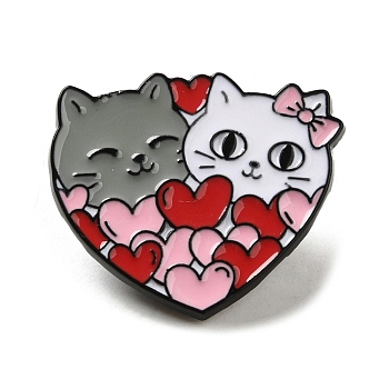 Valentine's Day Theme Black Zinc Alloy Brooches, Cat & Heart Enamel Pins for Women, Heart, 20.5x24x1mm