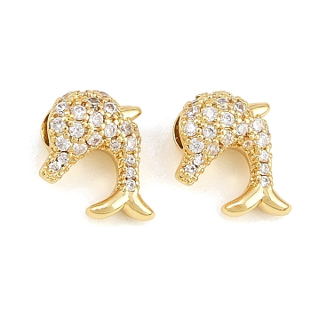 Brass Micro Pave Clear Cubic Zirconia Beads, Dolphin, Rack Plating, Long-Lasting Plated, Lead Free & Cadmium Free, Real 18K Gold Plated, 11x10.5x5.5mm, Hole: 3x2mm