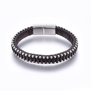 Leather Braided Cord Bracelets, 304 Stainless Steel Magnetic Clasp, Rectangle, Coffee, 8-5/8 inch(22cm), 11x6mm