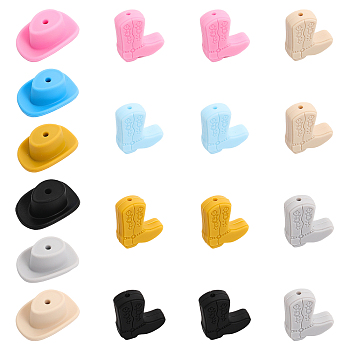 18Pcs 12 Style Silicone Beads, DIY Nursing Necklaces and Bracelets Making, Chewing Pendants For Teethers, Boot & Cowboy Hat, Mixed Color, 20.5~26x23~29x8~14mm, Hole: 2mm