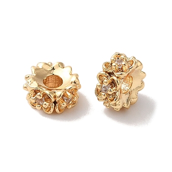 Brass with Clear Cubic Zirconia Beads, Flower, Wavy edge, Real 18K Gold Plated, 6x3mm, Hole: 1.8mm