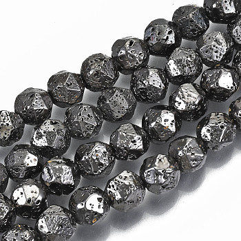 Electroplated Natural Lava Rock Bead Strands, Bumpy, Nuggets, Faceted, Gunmetal Plated, 8x7.5x7.5mm, Hole: 1.2mm, about 46pcs/strand, 14.57 inch(37cm)