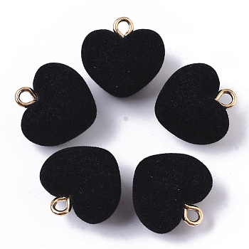 Flocky Acrylic Pendants, with Brass Loops, Heart, Golden, Black, 18.5x18x13mm, Hole: 2.5mm