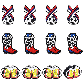 12Pcs 3 Styles Silicone Focal Beads, Chewing Beads For Teethers, DIY Nursing Necklaces Making, Cowboy Boot/Football/Beer Cup, Mixed Color, 18.5~29x17.5~27.5x6.5~8.8mm, Hole: 2.5~2.6mm, 4pcs/style