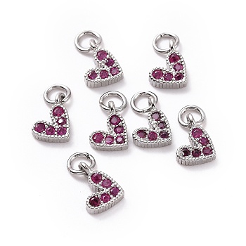 Brass Micro Pave Cubic Zirconia Charms, Long-Lasting Plated, Lead Free & Nickel Free & Cadmium Free, Heart, Hot Pink, Real Platinum Plated, 9.5x6.5x2mm, Hole: 1mm.