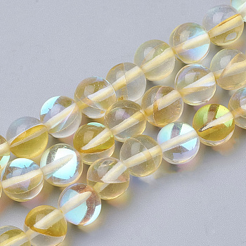 Synthetic Moonstone Beads Strands, Holographic Beads, Dyed, Round, Gold, 10mm, Hole: 1.2mm 40pcs/strand, 15.7 inch